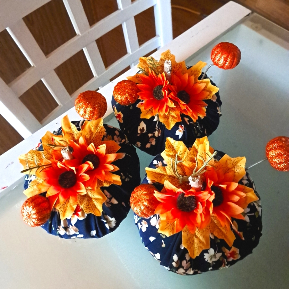 3 Large Floral Pumpkins 15" Around with Orange Sunflowers+ Free Gift